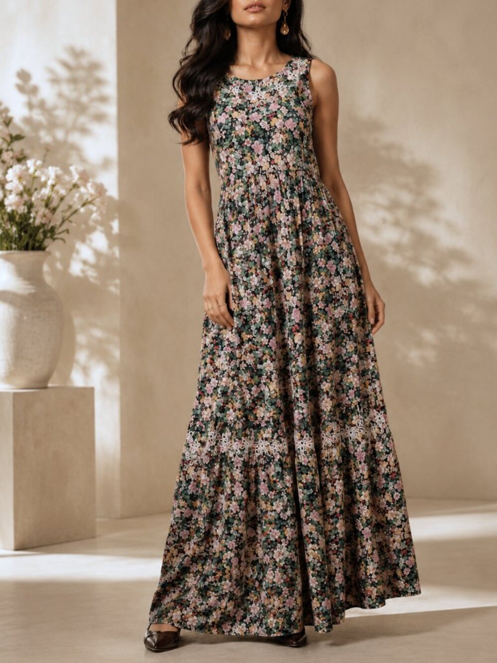 Johnny Was Jade Floral Embroidered Sleeveless Cotton Women's Maxi Dress Small